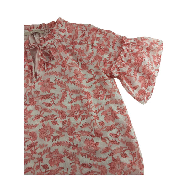 Loft Womens Pink White Floral Short Flutter Sleeve Blouse Lined Ruffle XS - Picture 2 of 9